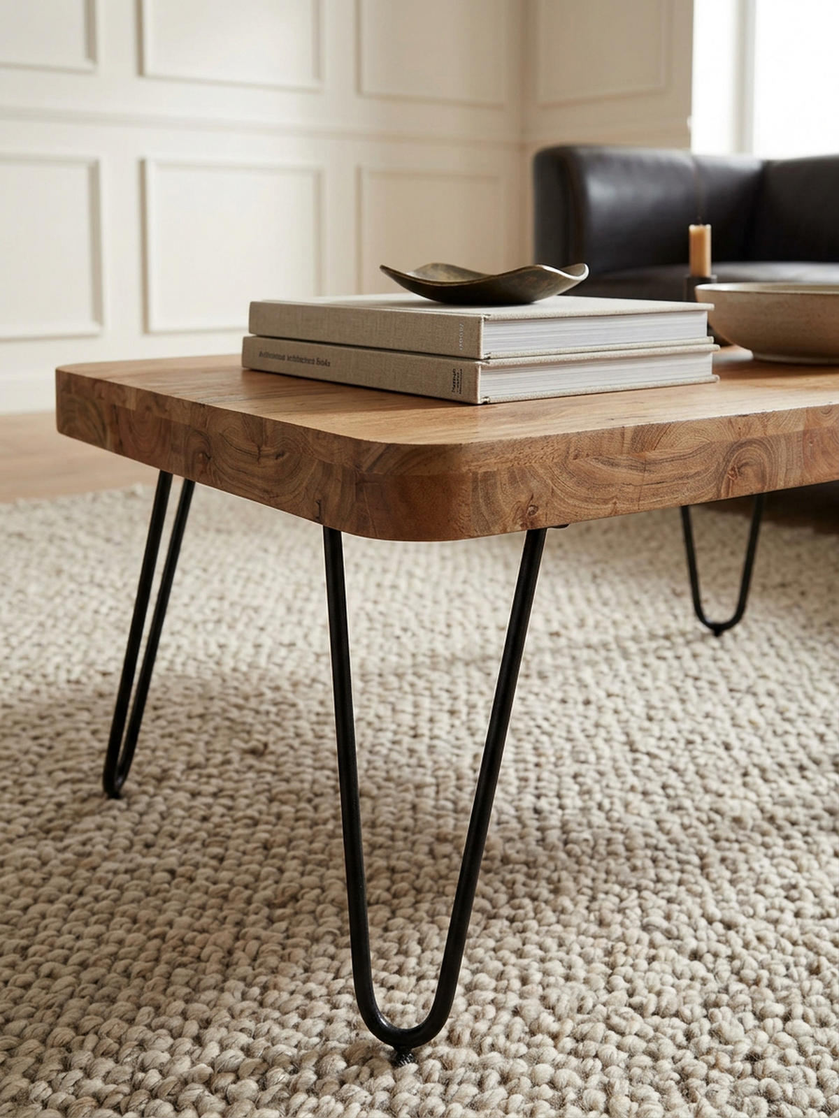 COUCHTISCH aus Massivholz mit Metallbeinen, handgefertigt, einzigartige Maserung, Beige 115x60x40 cm - Beige/Schwarz, Holz/Metall (60/115/40cm) - KADIMA DESIGN