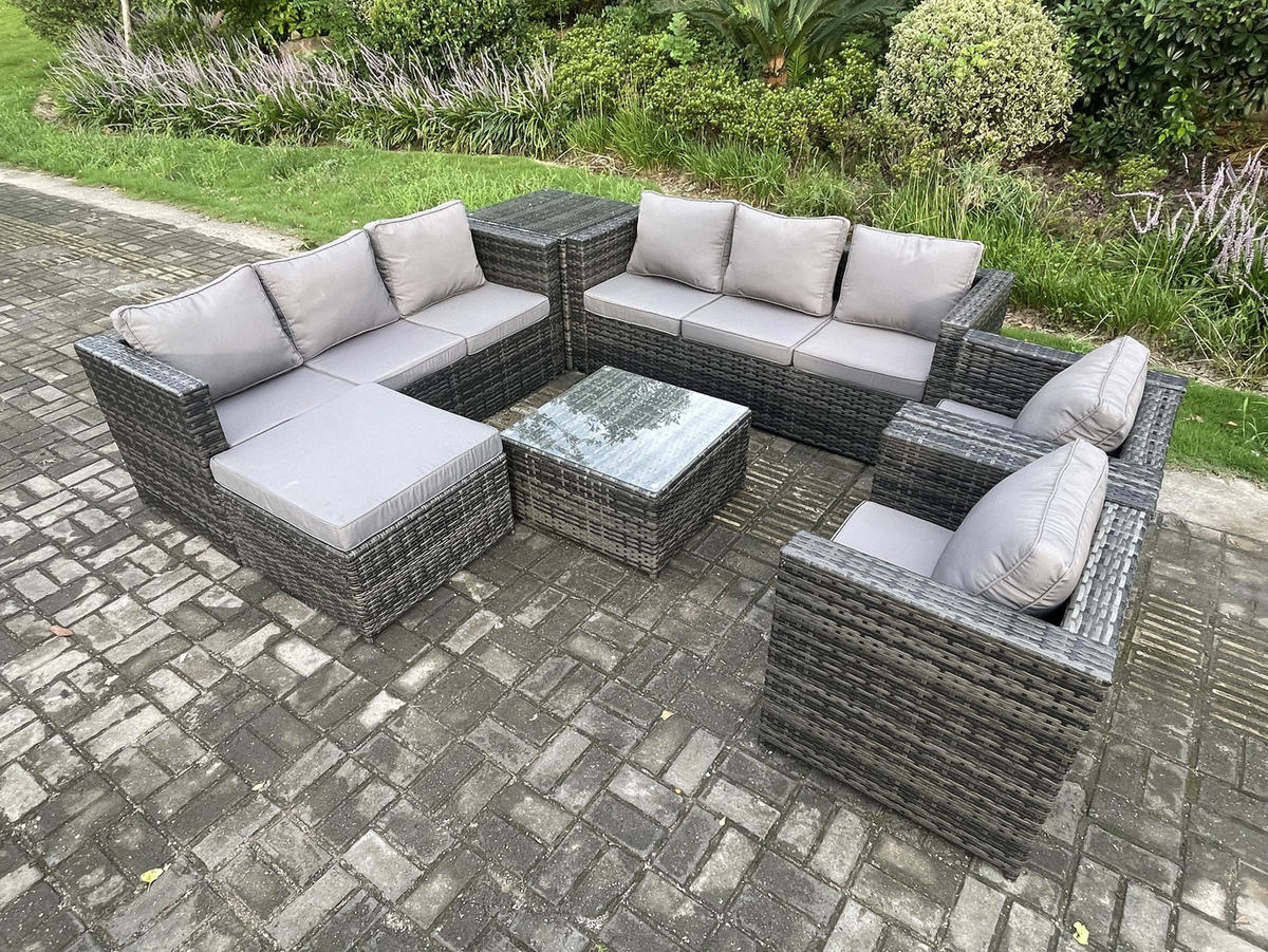 GARTENTISCHGRUPPE Polyrattan 9-Sitzer - Dunkelgrau, Metall - Fimous