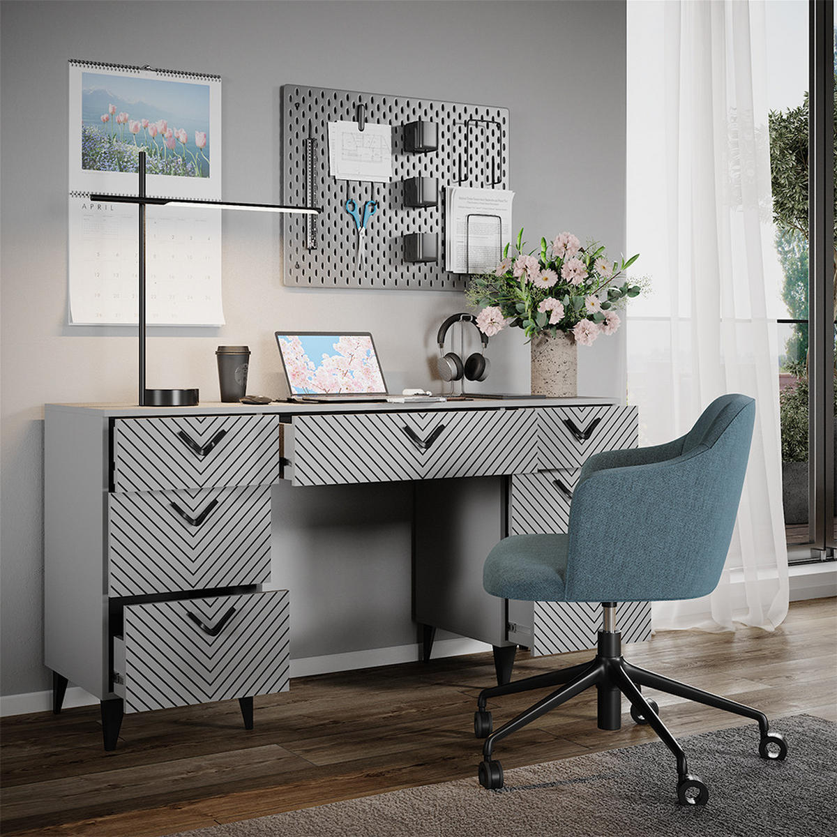 SCHREIBTISCH Anett Grau 150 x 45 cm mit 7 Schubladen - Grau, Holzwerkstoff (45/150/78.1cm) - Vicco