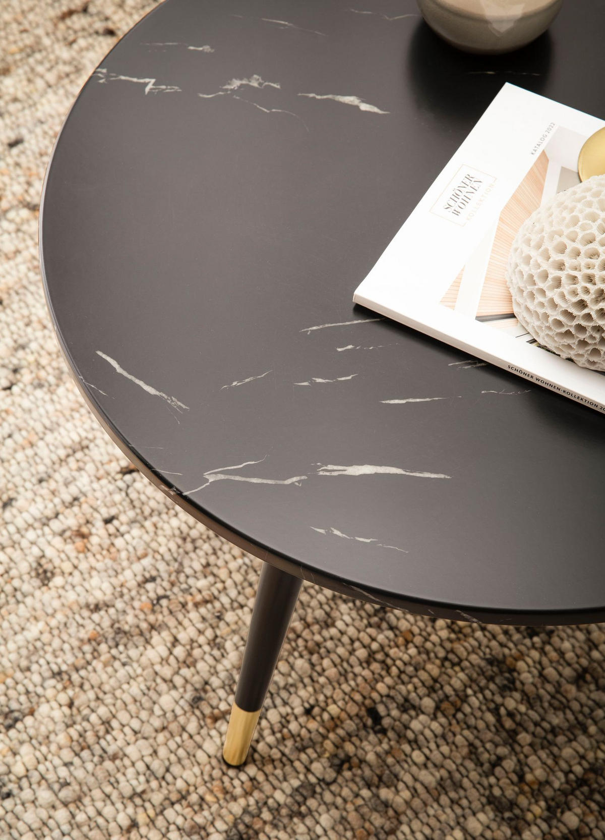 COUCHTISCH mit Marmor Optik, Modernes Design, Metall-Gestell, Runde Form, Schwarz 60x60x41 cm - Goldfarben/Schwarz, Holzwerkstoff/Metall (60/60/41cm) - KADIMA DESIGN