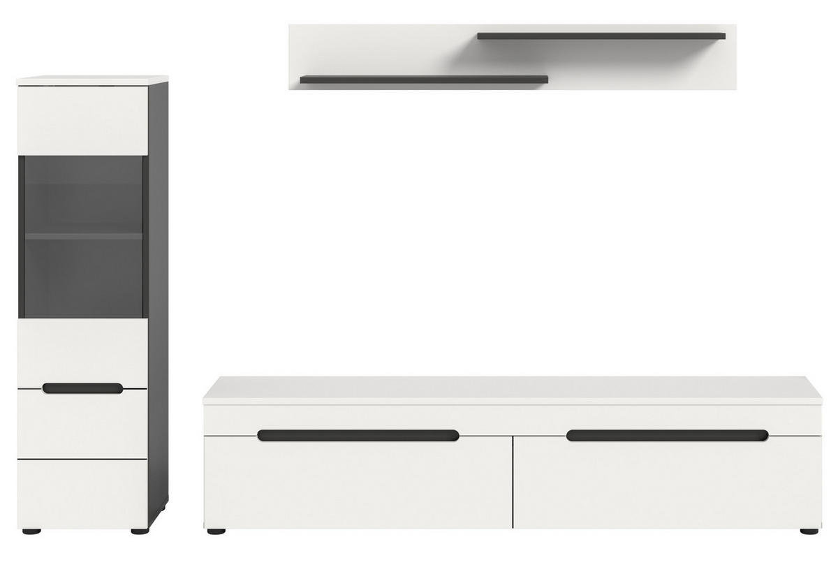 WOHNWAND weiß, grau, Wohnkombination 3-teilig hängend / stehend 221 cm, Cooper - Schwarz/Weiß, Glas/Holzwerkstoff (221/141/33cm)