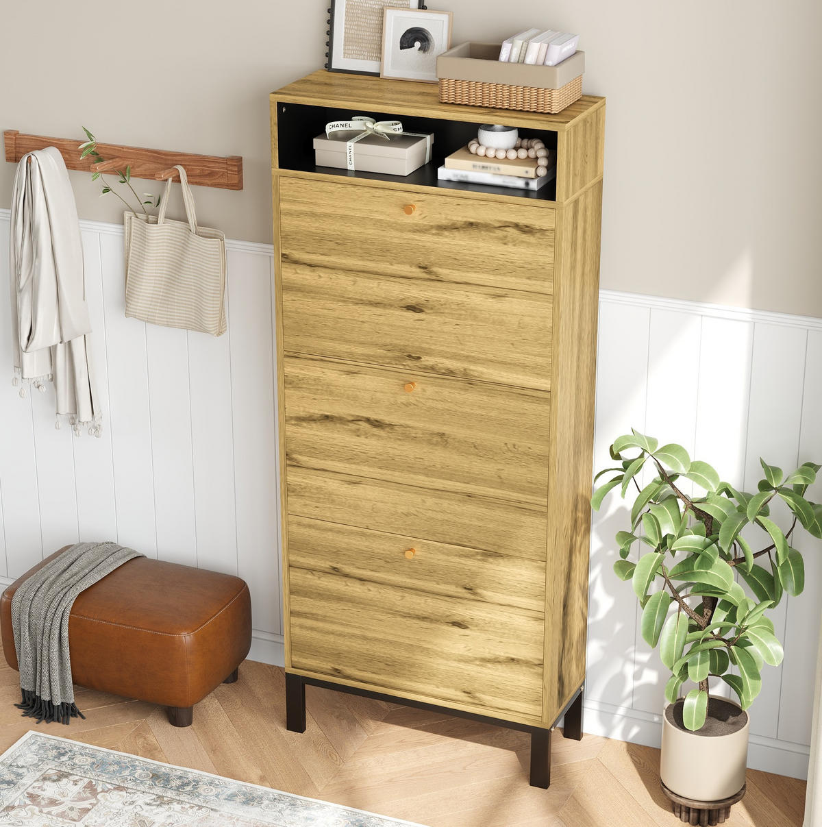 SCHUHSCHRANK aus MDF 63x24x147cm in Natur mit 3 Klappen - Naturfarben, Holzwerkstoff (63/147/24cm) - Modfu