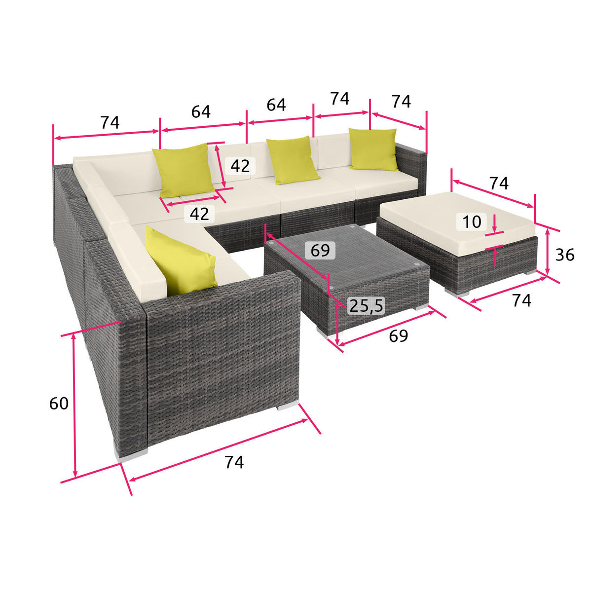 RATTANLOUNGE Marbella,mit Sicherheitsglasplatte,grau - Grau, Kunststoff - tectake