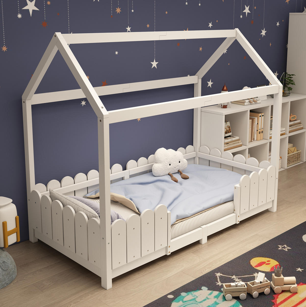 HAUSBETT 90/200 cm in Weiß – mit Dach und Rausfallschutz - Weiß, Holz (90/200cm) - BEAOK