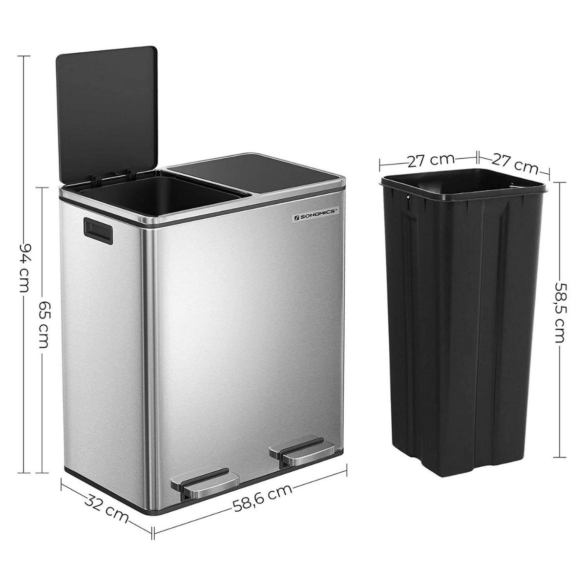 MÜLLEIMER mit 2 Behältern 30L mit Pedal silbergrau - Silberfarben, Kunststoff (32/65/58.6cm) - Calicosy