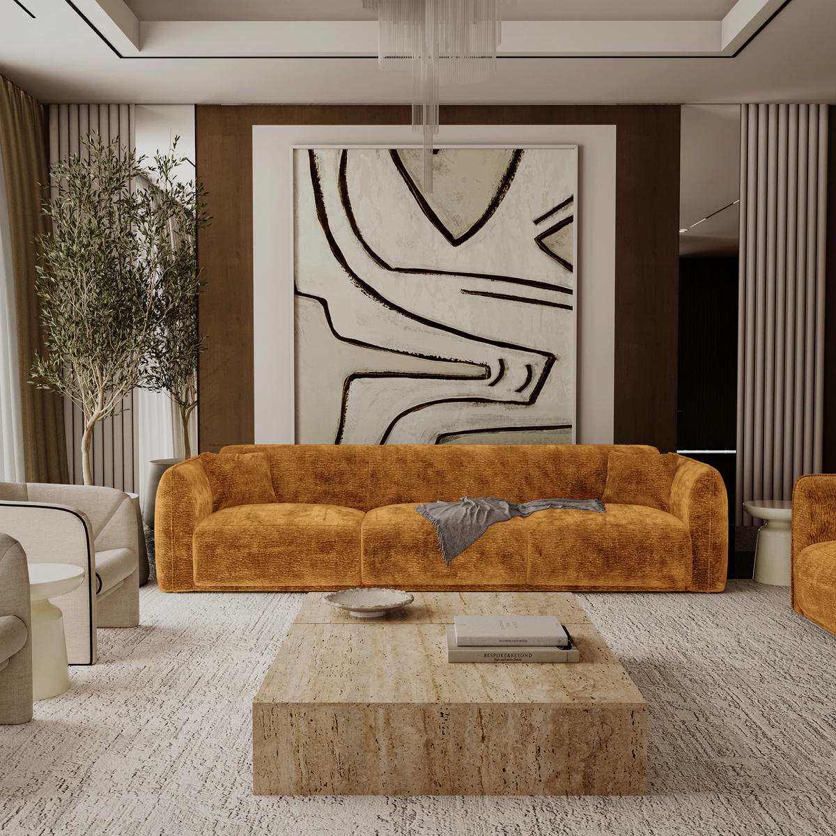 SOFA LUSH Gemusterter Samt Senf 235cm - Gelb/Dunkelgelb, Textil (235/80/90cm) - Premium Interiors