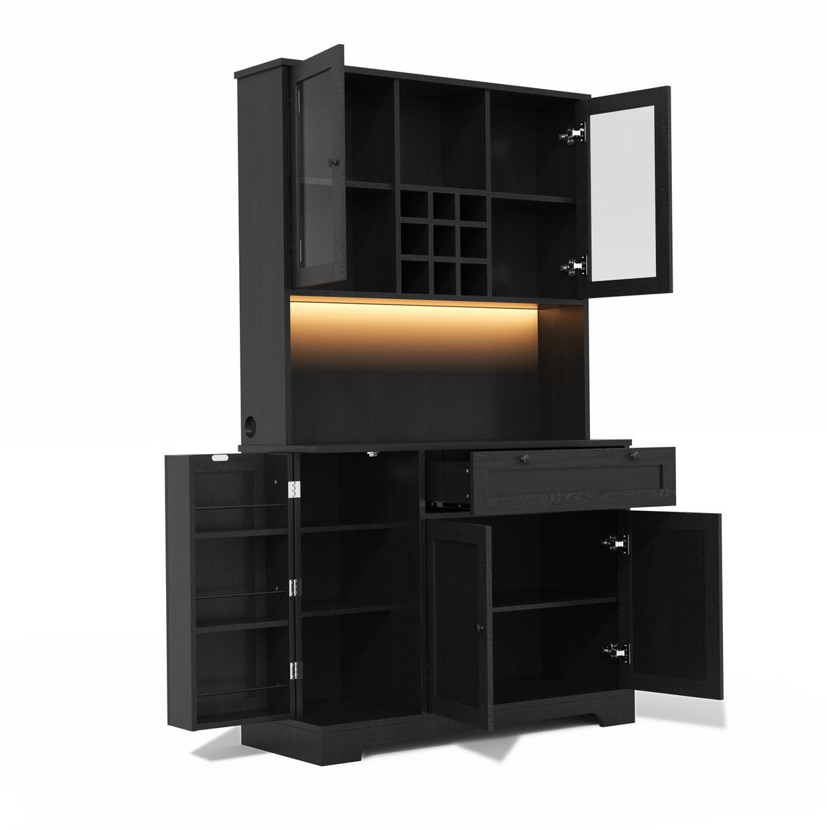 BUFFETSCHRANK aus MDF 105x40x180 cm Schwarz mit LED-Beleuchtung, Steckdosenleiste und Weinregal - Schwarz, Holzwerkstoff (105/180/40cm) - IVMEU