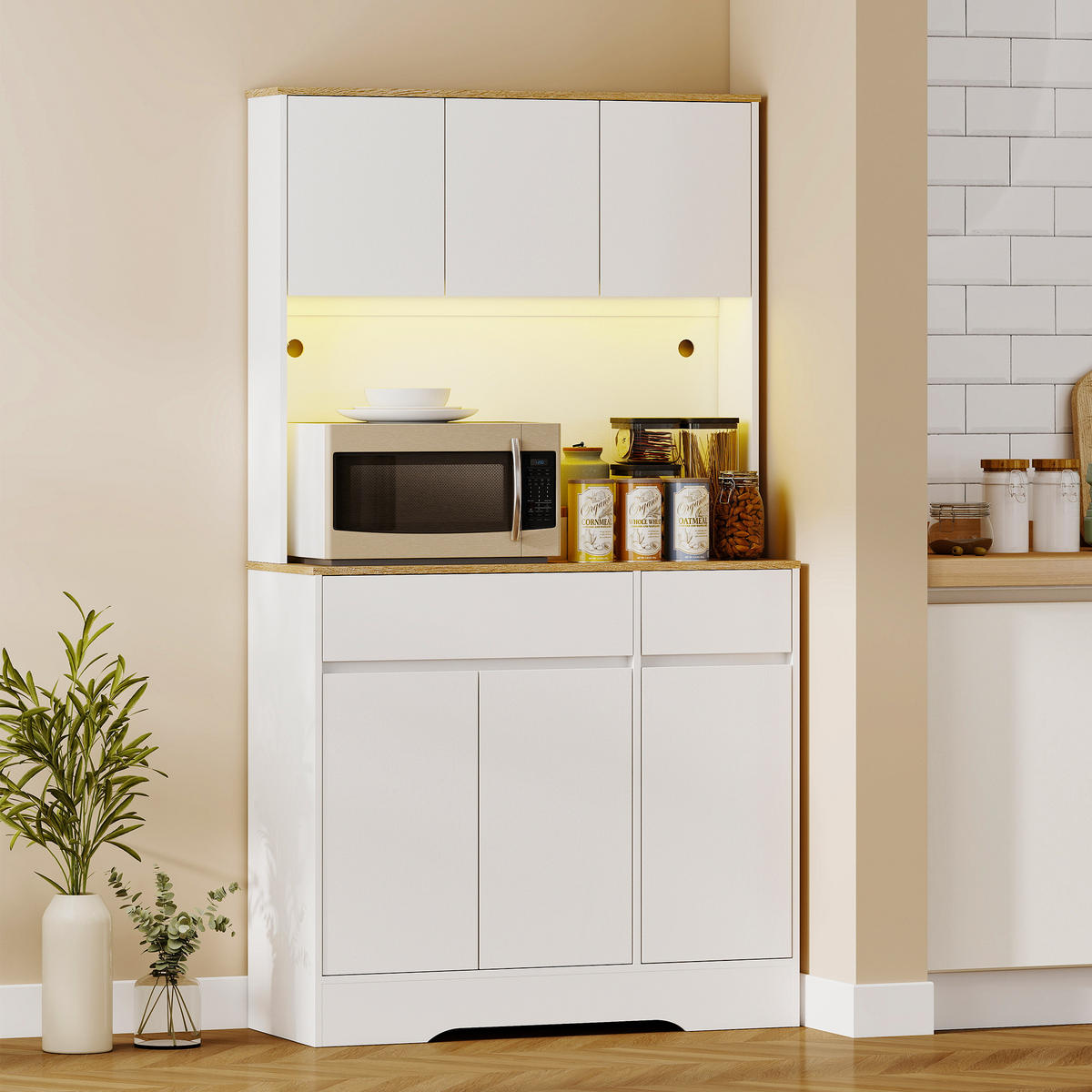 BUFFET DE-11308 LED-RGB, 6 Türen & 2 Schubladen mit Arbeitsplatte Weiß - Weiß, Holzwerkstoff (38/180/100cm) - ComfortXL