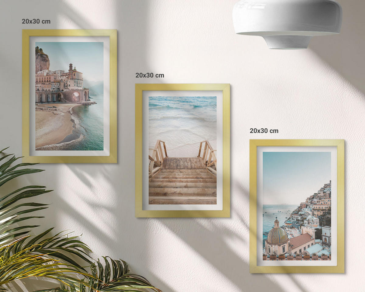 BILDER SET 3er Set - 20x30 cm Goldrahmen - Sommerliche Strandansichten in Pastellfarben - Goldfarben, Kunststoff (20/30cm) - TULUP