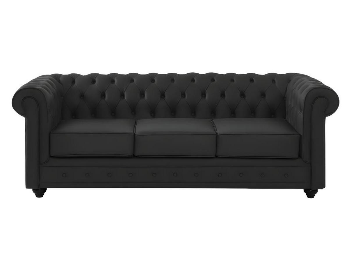 LEDERSOFA 3-Sitzer - Büffelleder - Schwarz - CHESTERFIELD - Schwarz, Leder (88/72/205cm) - Vente-Unique