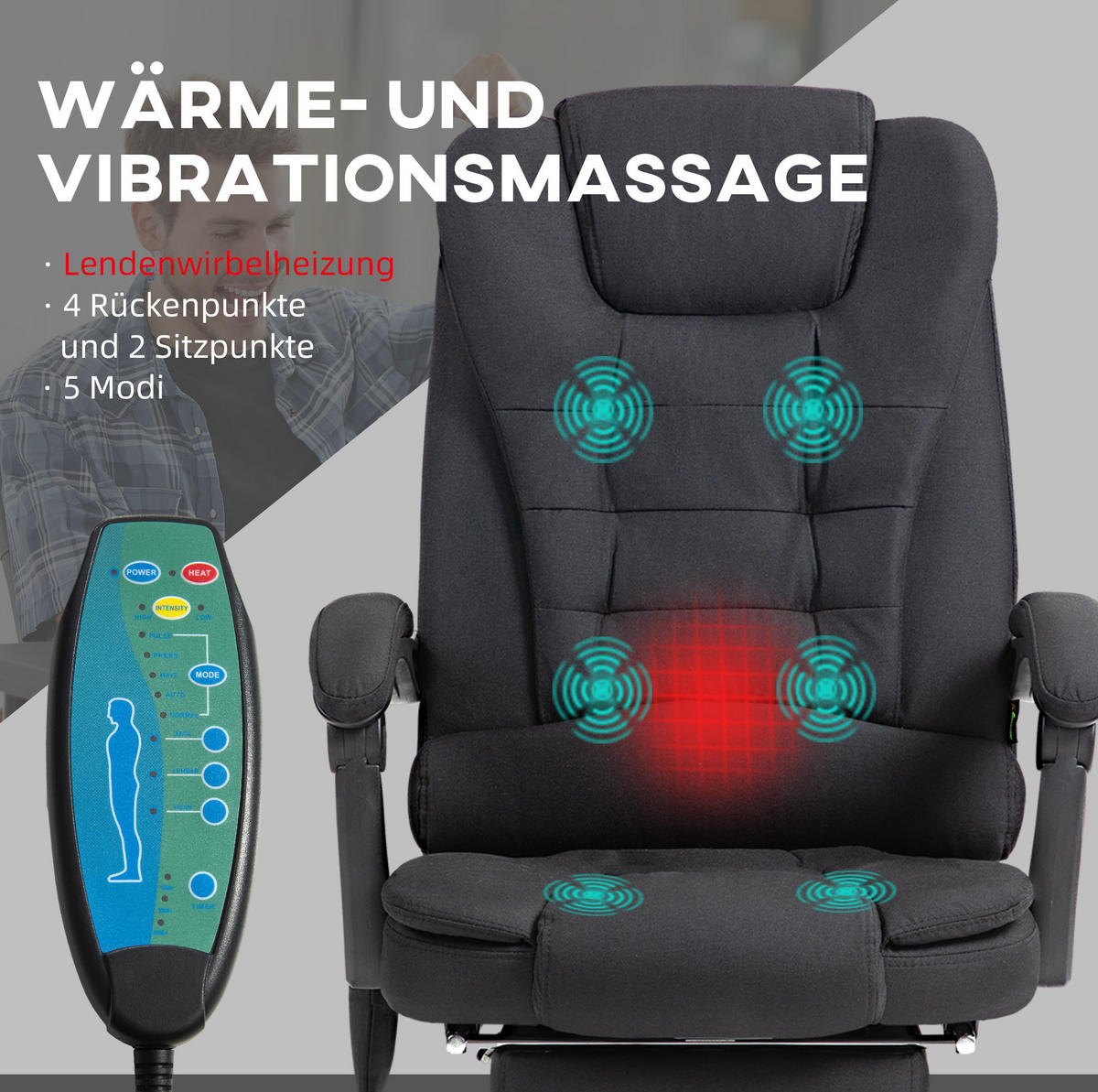 BÜROSTUHL in Schwarz 70x65x119 cm mit Massage- und Heizfunktion, verstellbarer Rückenlehne und Fußstütze - Schwarz, Textil (65/119/70cm) - IVMEU