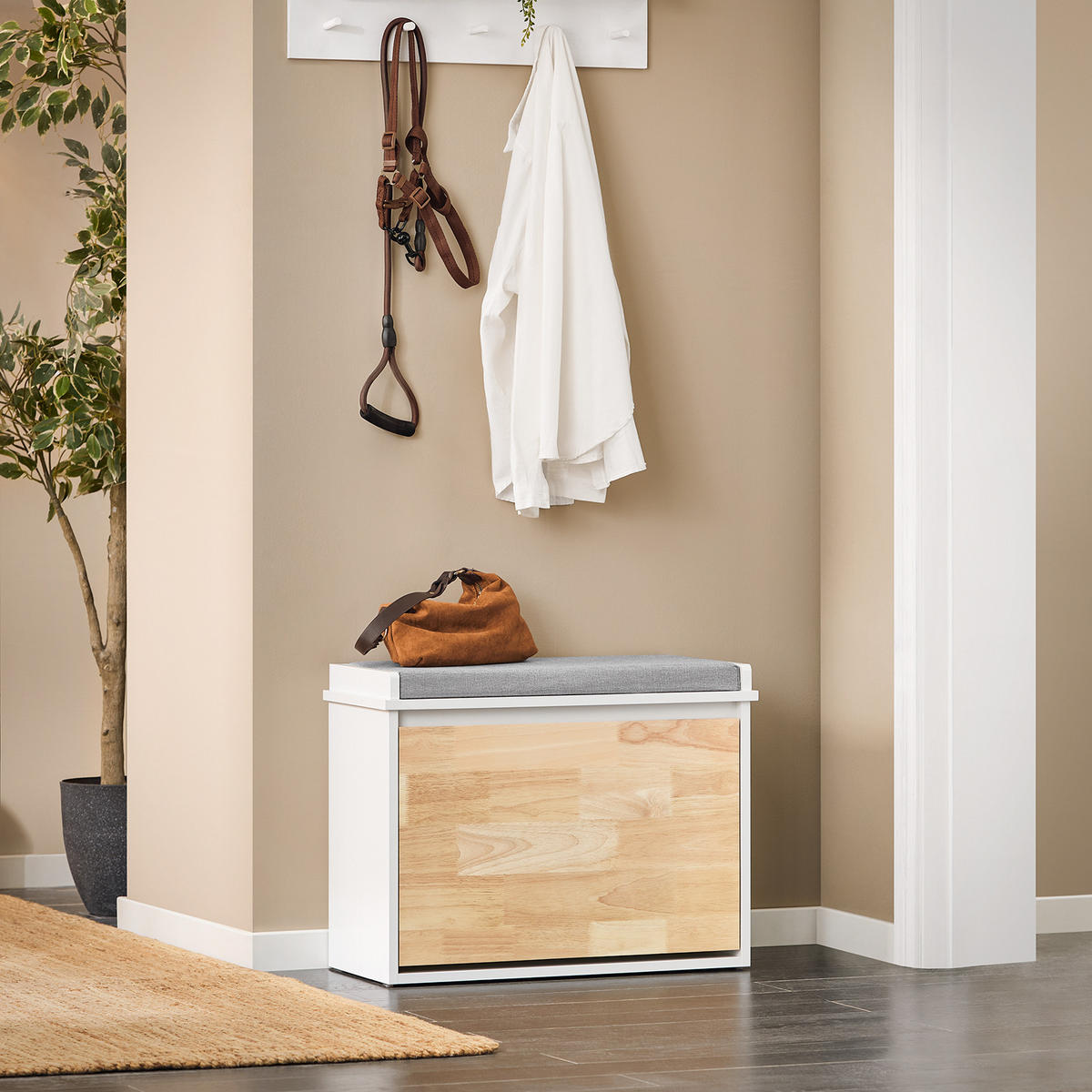SCHUHBANK Weiß-Natur - Weiß, Holzwerkstoff (61/47/26cm) - SoBuy