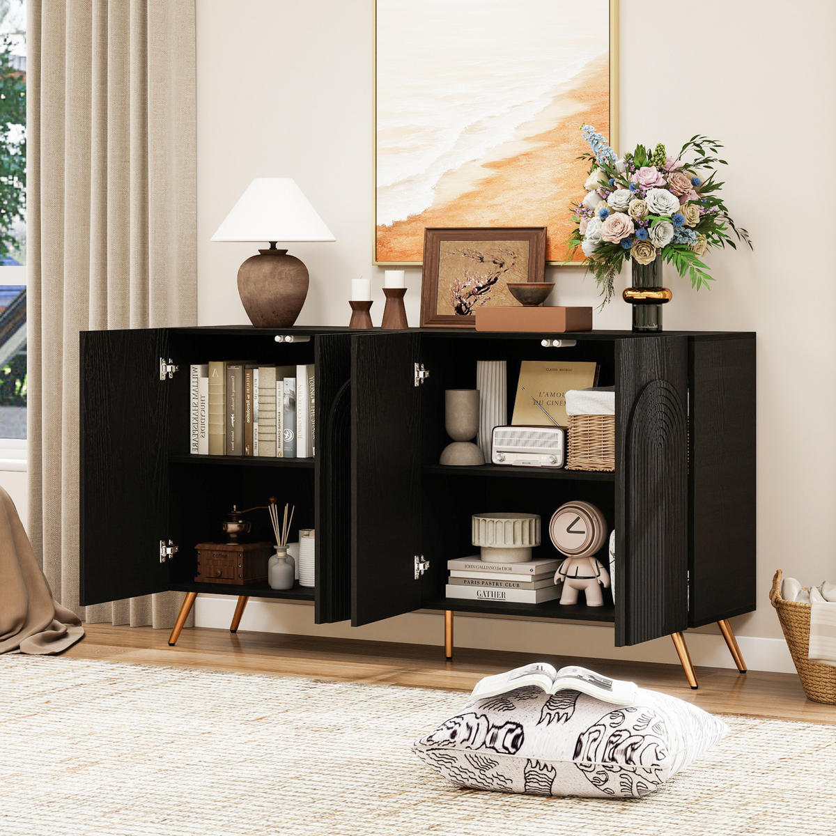 SIDEBOARD in Schwarz im Mid-Century-Stil mit 3D-Rillen & verstellbaren Einlegeböden - Schwarz, Holzwerkstoff (150/83/38cm) - BEAOK