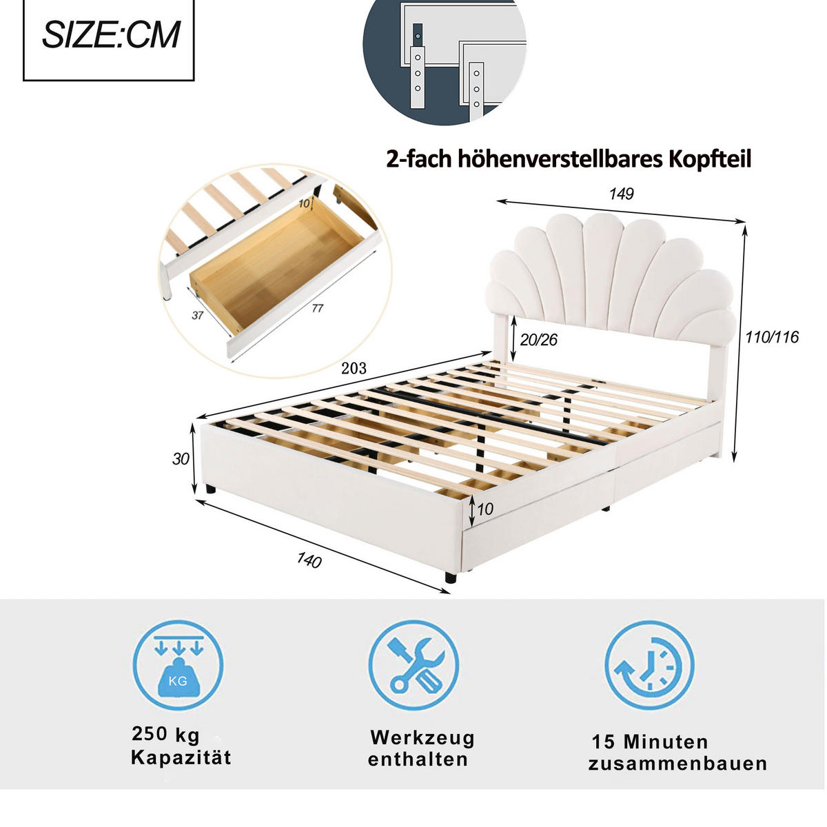 POLSTERBETT 140/200 cm beige aus Samt mit 4 Schubladen - Beige, Textil (140/200cm) - OKWISH