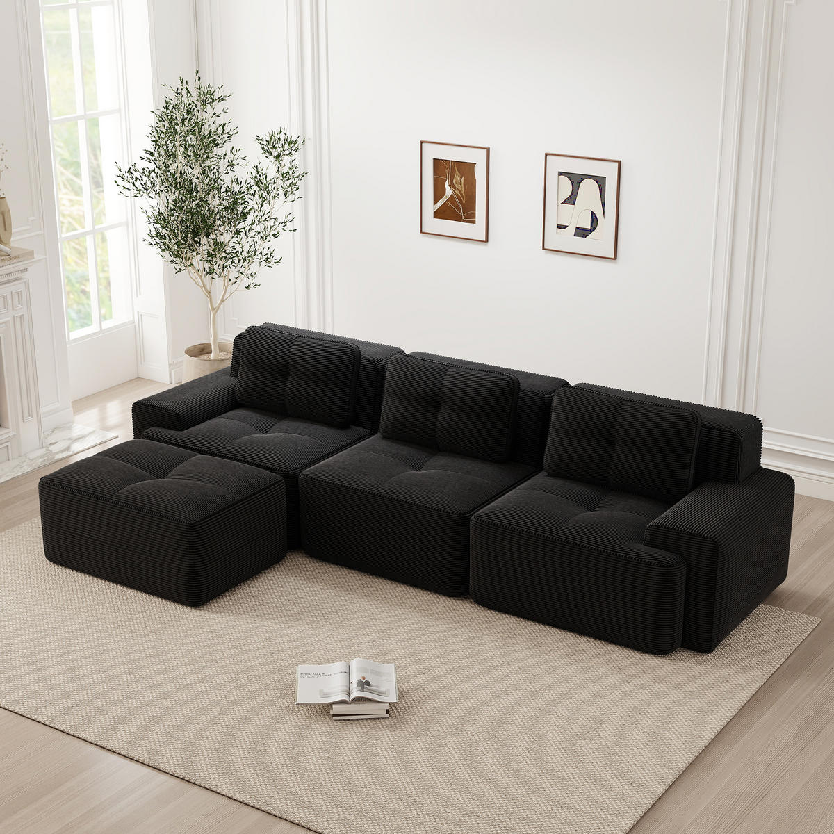 ECKSOFA Cord Schwarz mit Ottomane - Schwarz, Textil (293/177cm) - WISHDOR