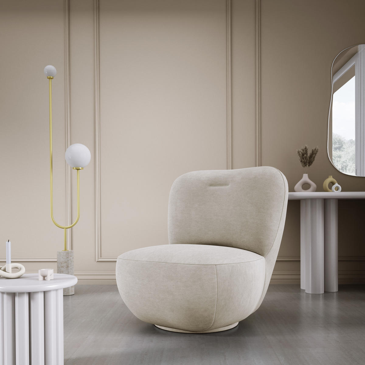 DREHSESSEL LUIS, Freistehend, Sitz drehbar 360°, 39x82x56 cm, SCHMUTZIGES BEIGE - Greige, Holz/Textil (82/72/66cm) - DomoHome