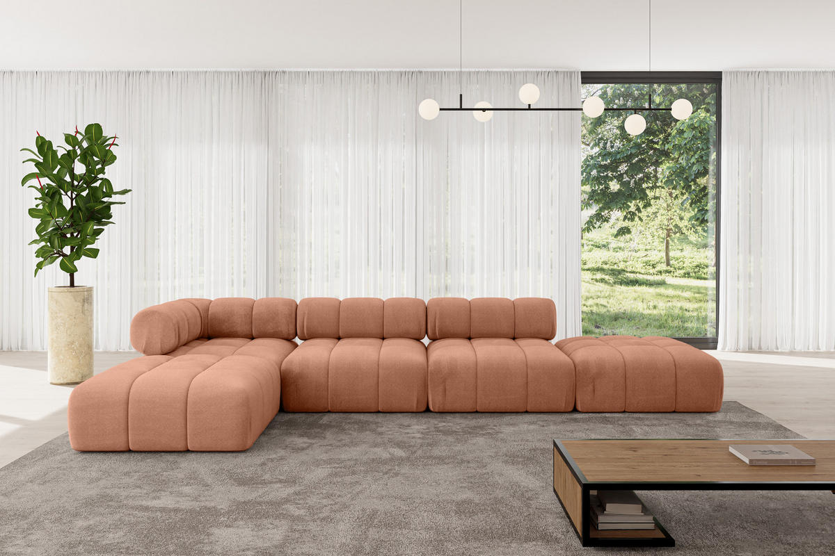 ECKSOFA modulares Sofa Kerru-L2 - 380x190x70 cm Apricot Velours - Koralle, Holzwerkstoff/Textil (380/190cm) - ALTDECOR