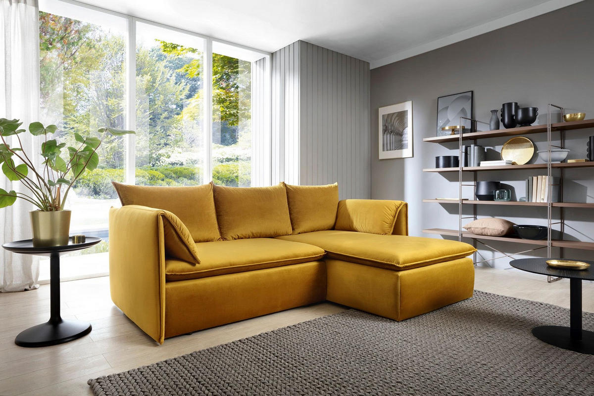 ECKSOFA PREGIO Gelb Plüsch-Stoff mit Schlaffunktion - Gelb, Holz (230/166cm) - MASSENO