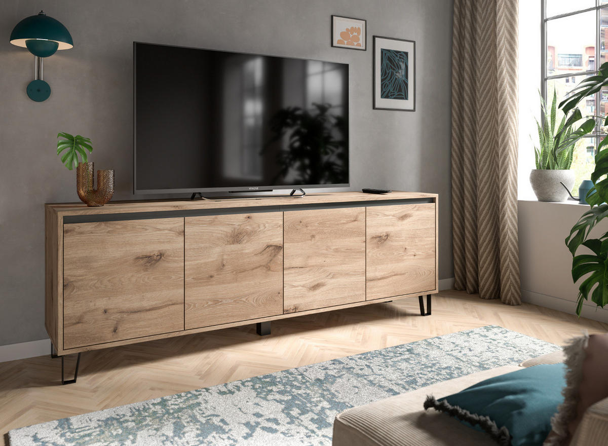 TV-LOWBOARD Eiche Viking 184 cm, Fernsehschrank in Komforthöhe mit Soft-Close - Eichefarben/Schwarz, Holz/Holzwerkstoff (184/64/40cm) - Inn.Furn