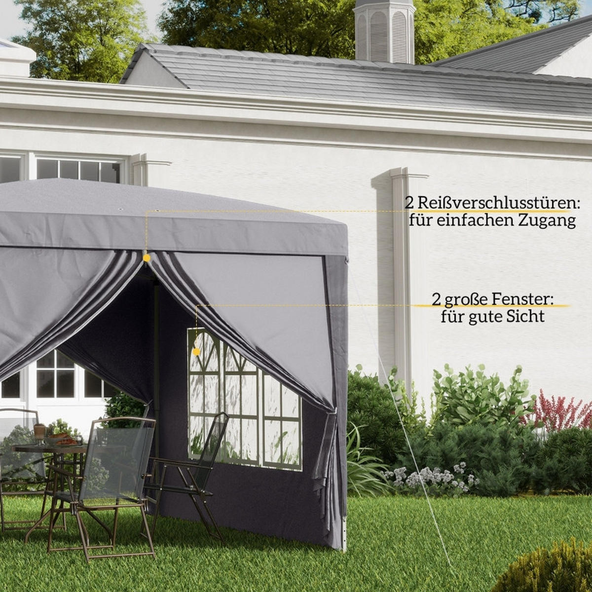 PAVILLON 3x3 m 4 Seitenwände Fenster UV Schutz grau - Grau, Textil (295/258/295cm) - LEBENLANG