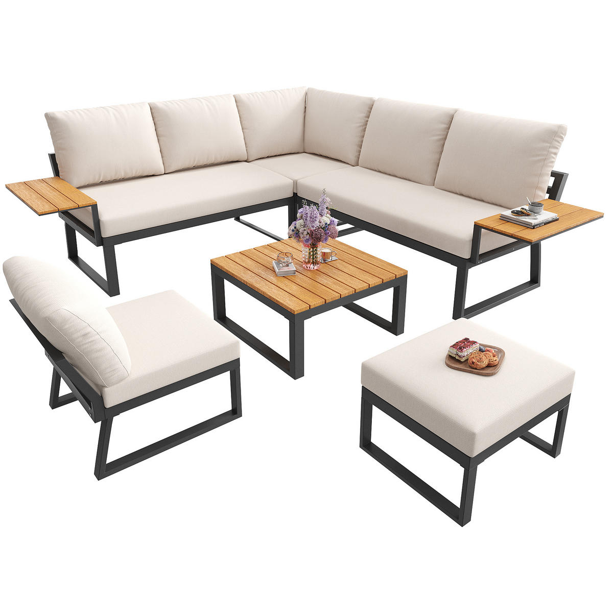 LOUNGESET, 7 Personen, Eisen, Ecksofa, Holztisch, Beige - Beige, Metall - FLIEKS
