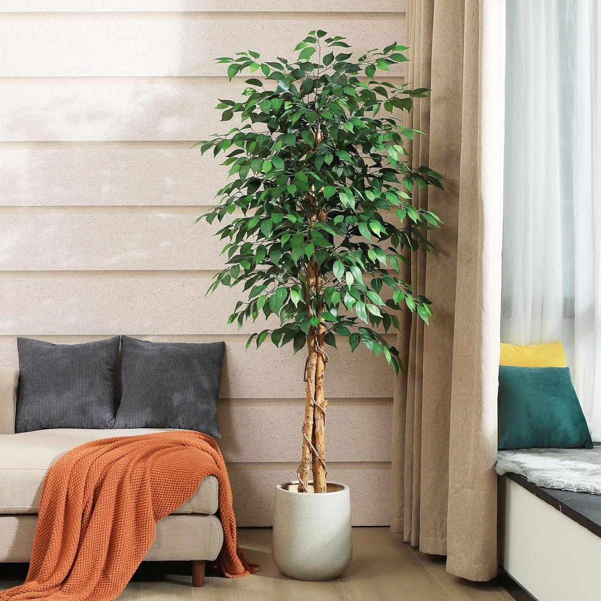 KUNSTPFLANZE Ficusbaum 180 cm mit Naturholzstamm - Grün, Holz (135cm)