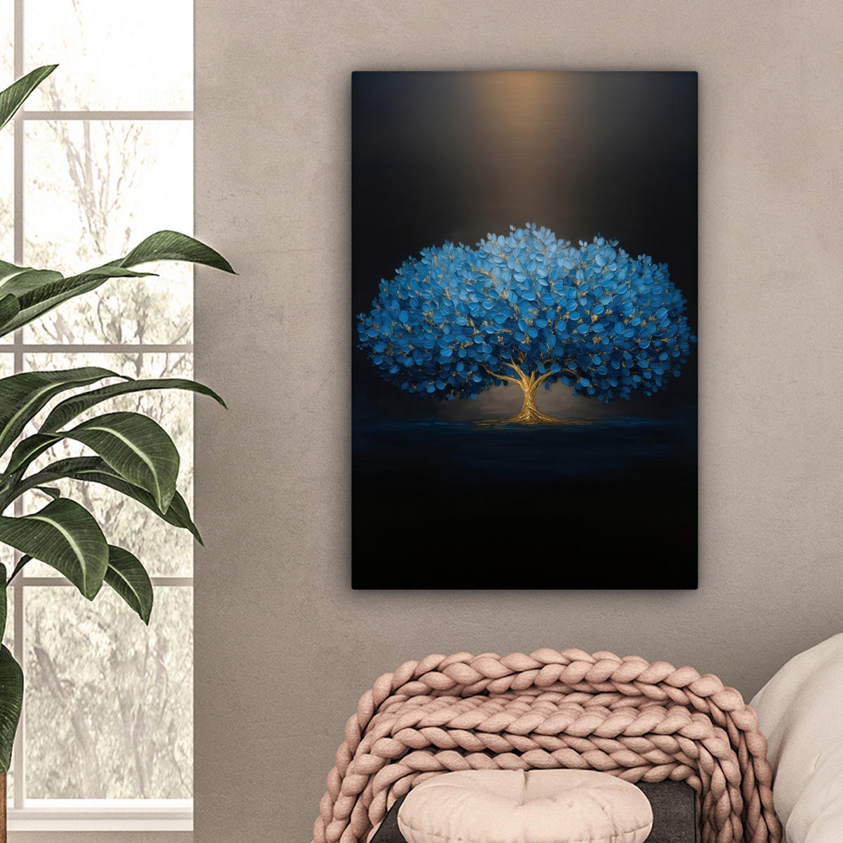 LEINWANDBILD Baum - Blau - Blätter - Pinselstriche Wanddeko Schlafzimmer 60x90 cm - Blau, Textil (60/90cm) - MuchoWow