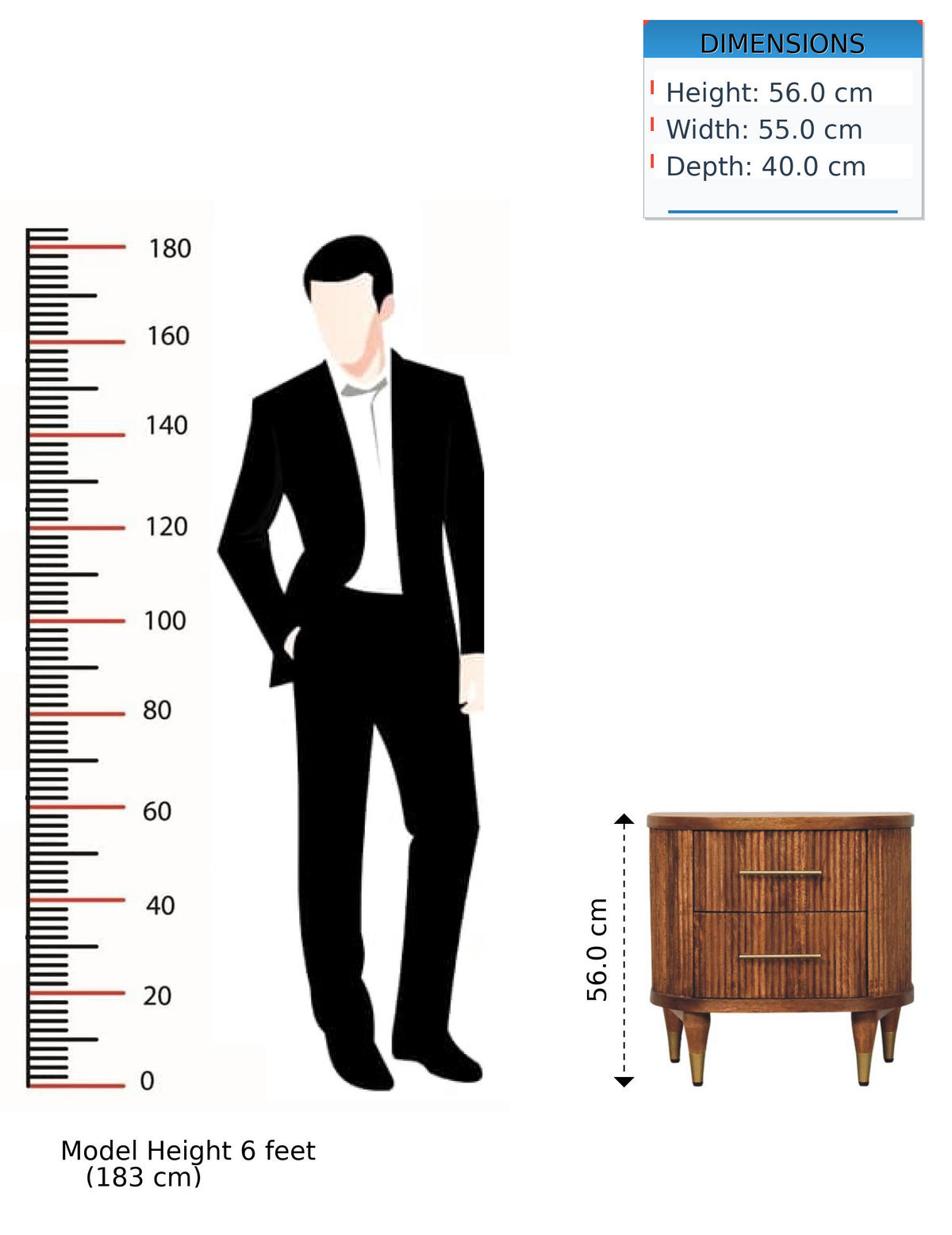 NACHTKASTEN Geriffelt, 2 Schubladen und Messing-Akzente, Hellbraun - Hellbraun/Messingfarben, Holz/Metall (55/56/40cm) - Artisan Furniture