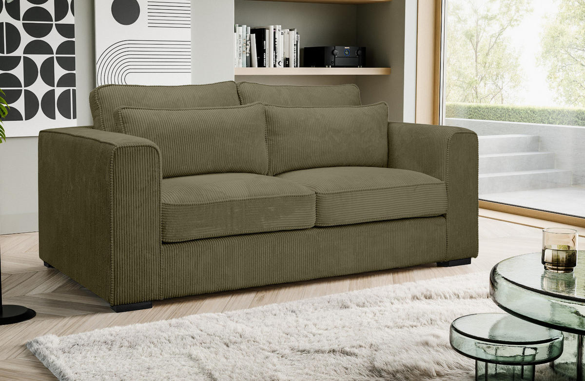SOFA khaki Cord 2,5-Sitzer 200 cm, Couch mit Wellenfederung - Dunkelgrün/Schwarz, Holzwerkstoff/Kunststoff (200/92/112cm) - Inn.Furn