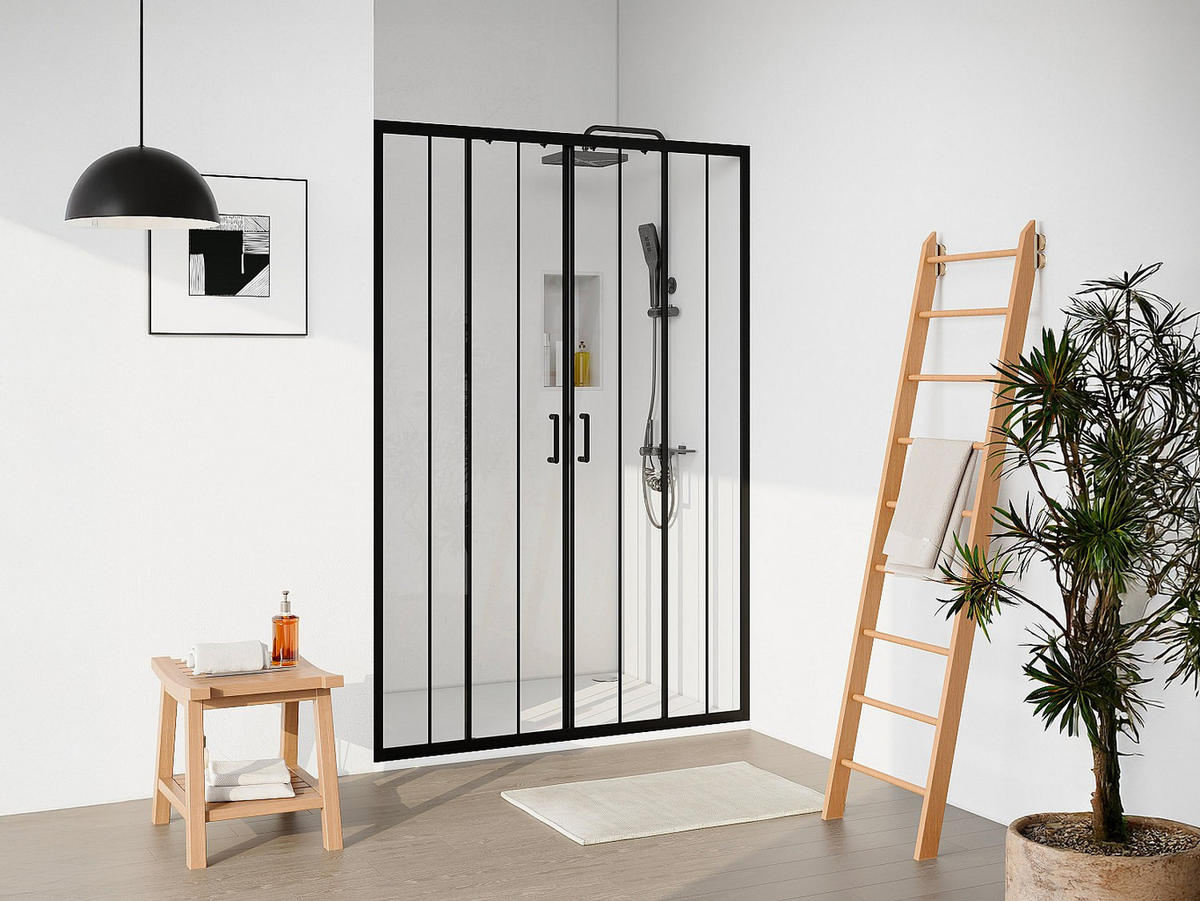 DUSCHTÜR Schiebetür doppelt - Metall matt Schwarz - Glas kalkabweisend - 140 x 195 cm - BAVIODA - Schwarz, Metall (140/195cm) - Vente-Unique