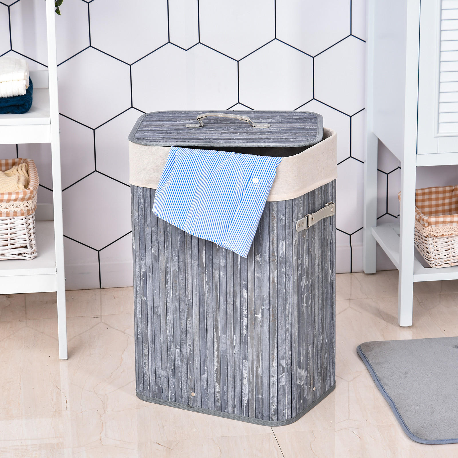 WÄSCHEKORB, Bambus, Grau - Grau, Naturmaterialen (30/60/40cm) - HOMCOM