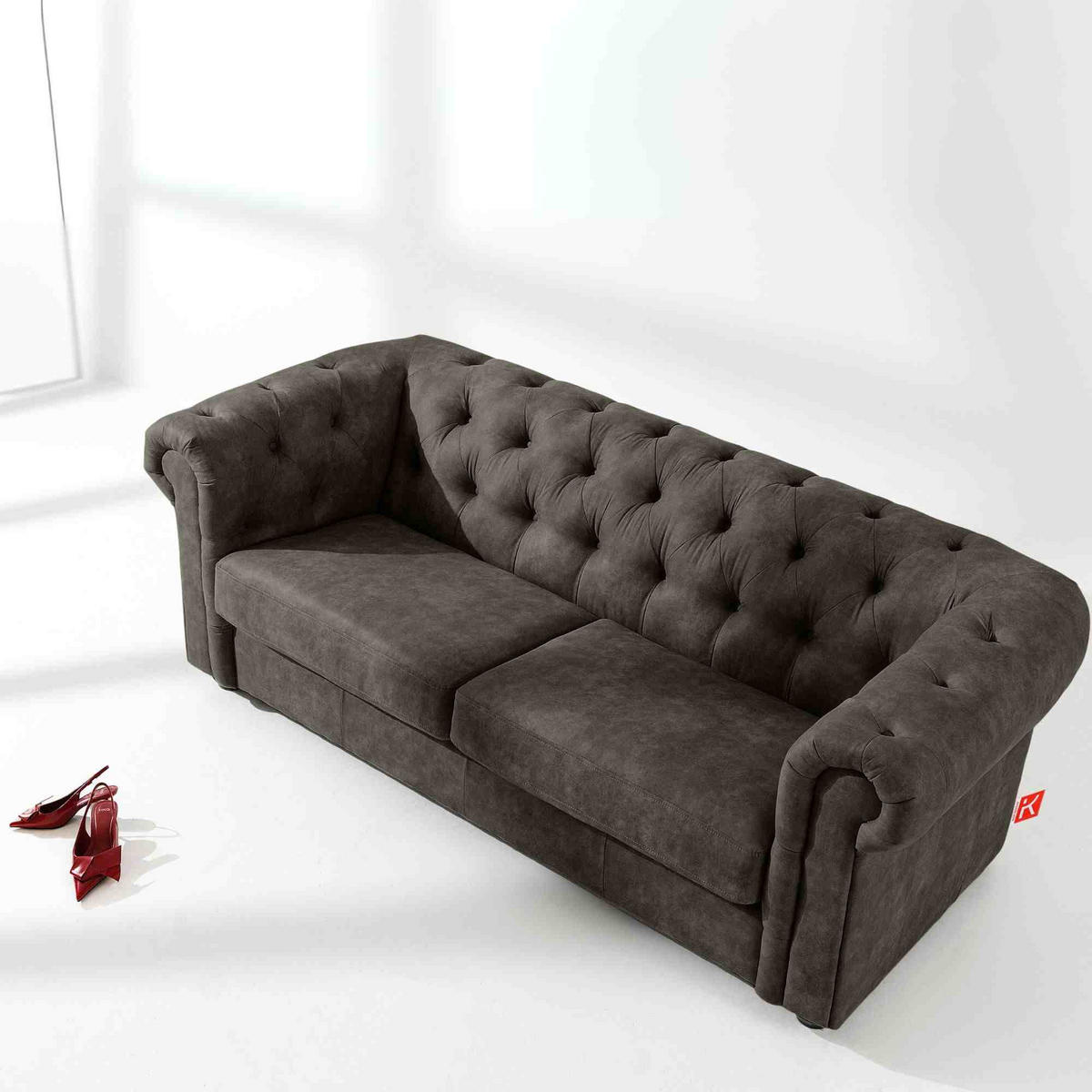 3-SITZER-SOFA GRAVO Chesterfield, Kunstleder - Wengefarben/Graphitfarben, Leder/Holz (202/72/95cm) - KONSIMO®