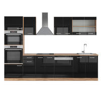 KÜCHENZEILE R-Line Schwarz Hochglanz/Goldkraft Eiche 300 cm mit Hochschrank ohne AP - Honigeiche/Schwarz Hochglanz, Holzwerkstoff (300/81.6/46cm) - Vicco
