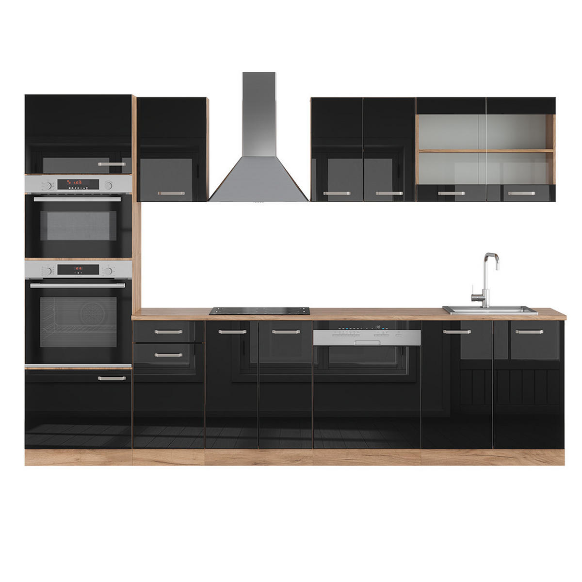 KÜCHENZEILE R-Line Schwarz Hochglanz/Goldkraft Eiche 300 cm mit Hochschrank ohne AP - Honigeiche/Schwarz Hochglanz, Holzwerkstoff (300/81.6/46cm) - Vicco