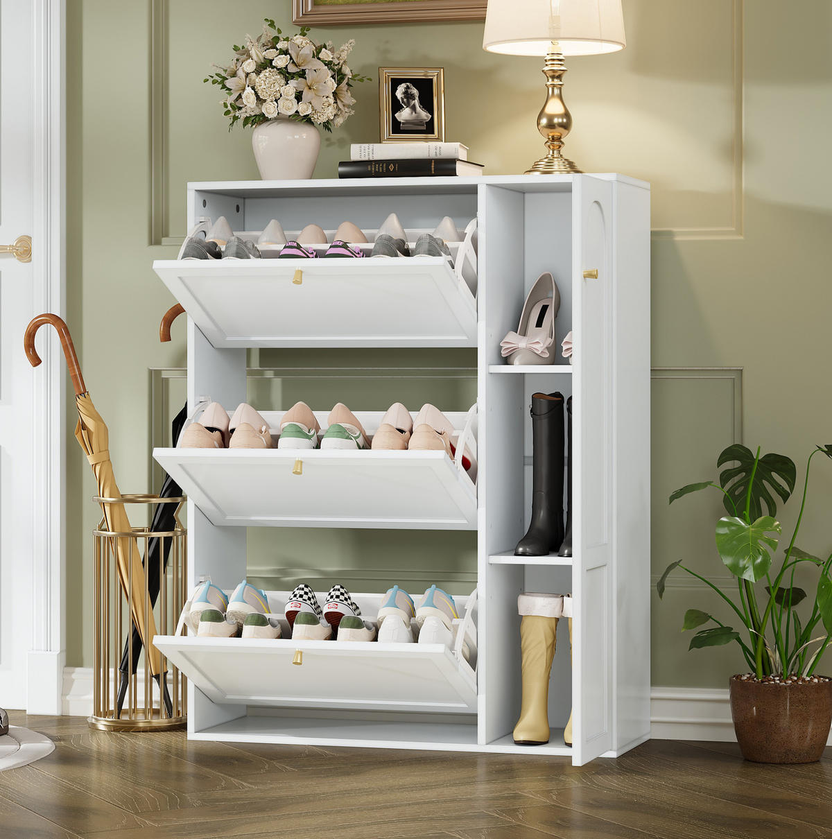 SCHUHSCHRANK 90/25/114 cm mit 3 Klappen und 1 Tür, schmales Design in Weiß - Weiß, Holzwerkstoff (90/114/25cm) - BEAOK