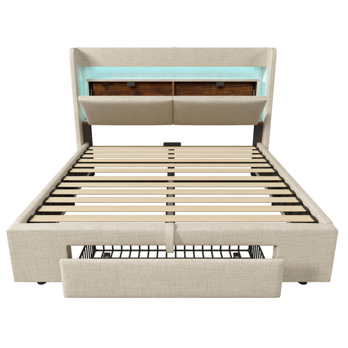 POLSTERBETT mit Bettkasten 140/200 cm mit LED-Beleuchtung und USB-Anschluss - Beige, Textil (140/200cm) - BEAOK