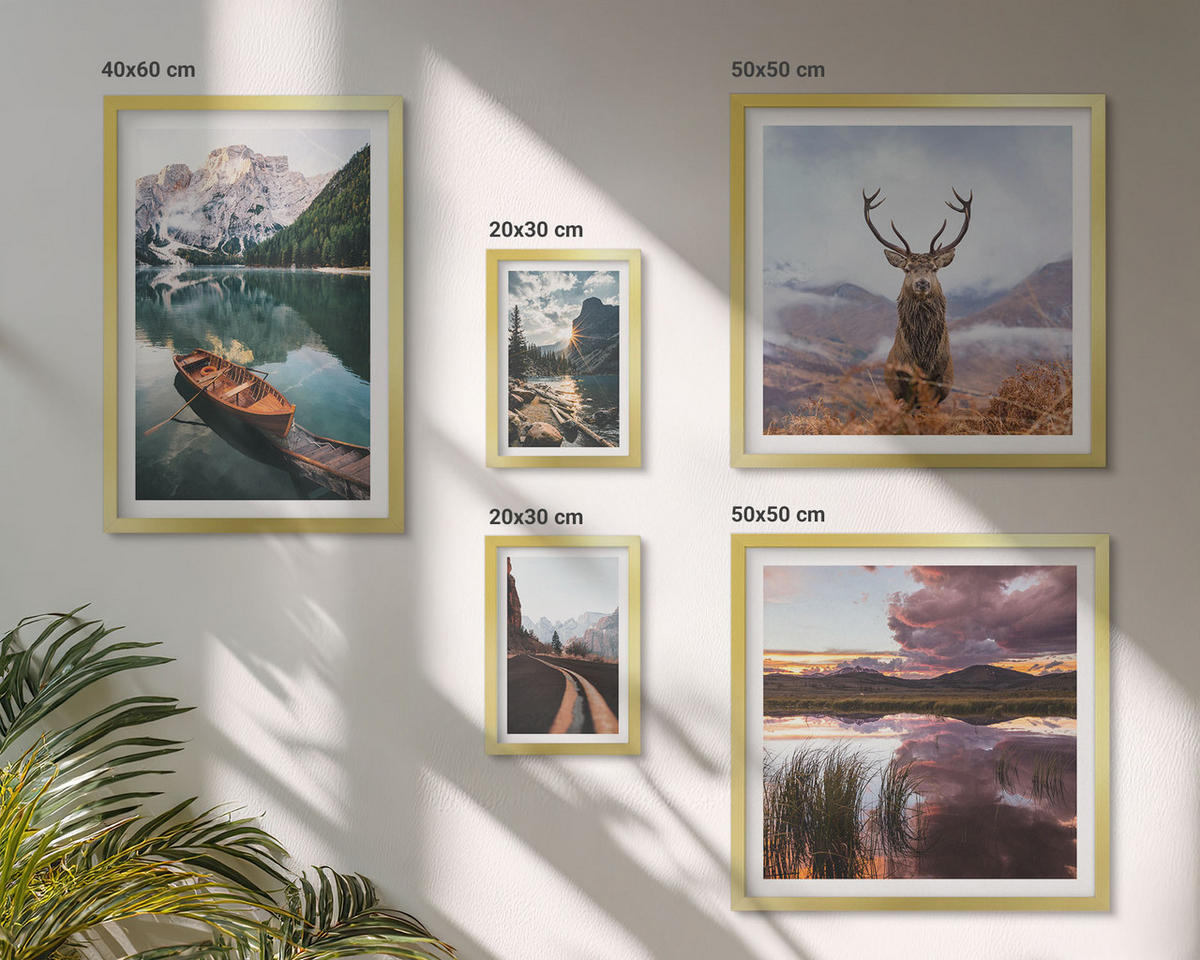WANDBILDER 5er Set - 50x50 cm & 20x30 cm & 40x60 cm Goldrahmen - Bergsee, Bootsfahrt, Sonnenuntergang, Hirsche - Goldfarben, Kunststoff (40/60cm) - ArtPrintCave