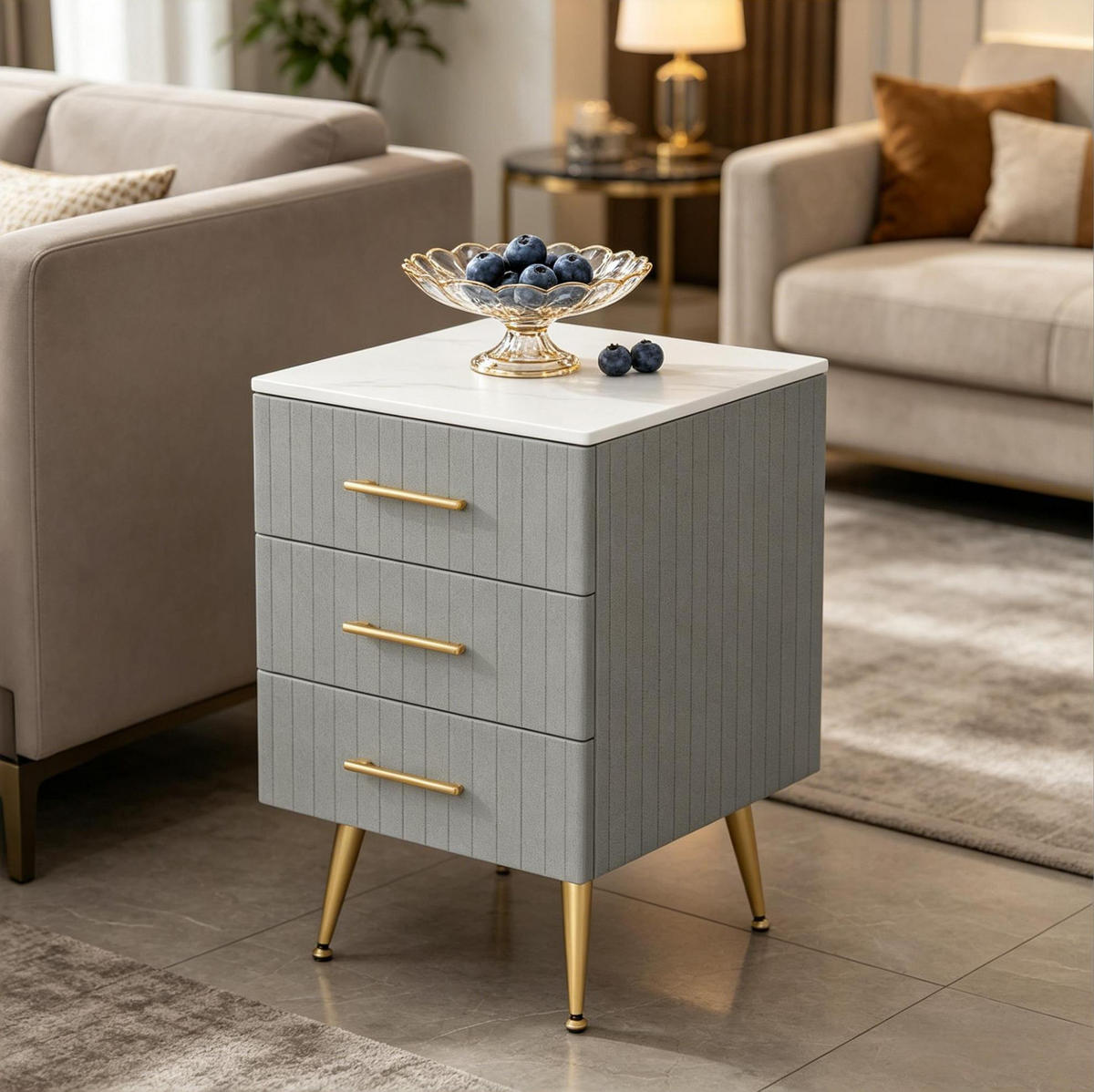 NACHTTISCH aus MDF mit Samt 41x40,5x62 cm Grau mit 3 Schubladen und goldfarbenen Metallbeinen - Grau, Holzwerkstoff (62/41/40.5cm) - Modfu