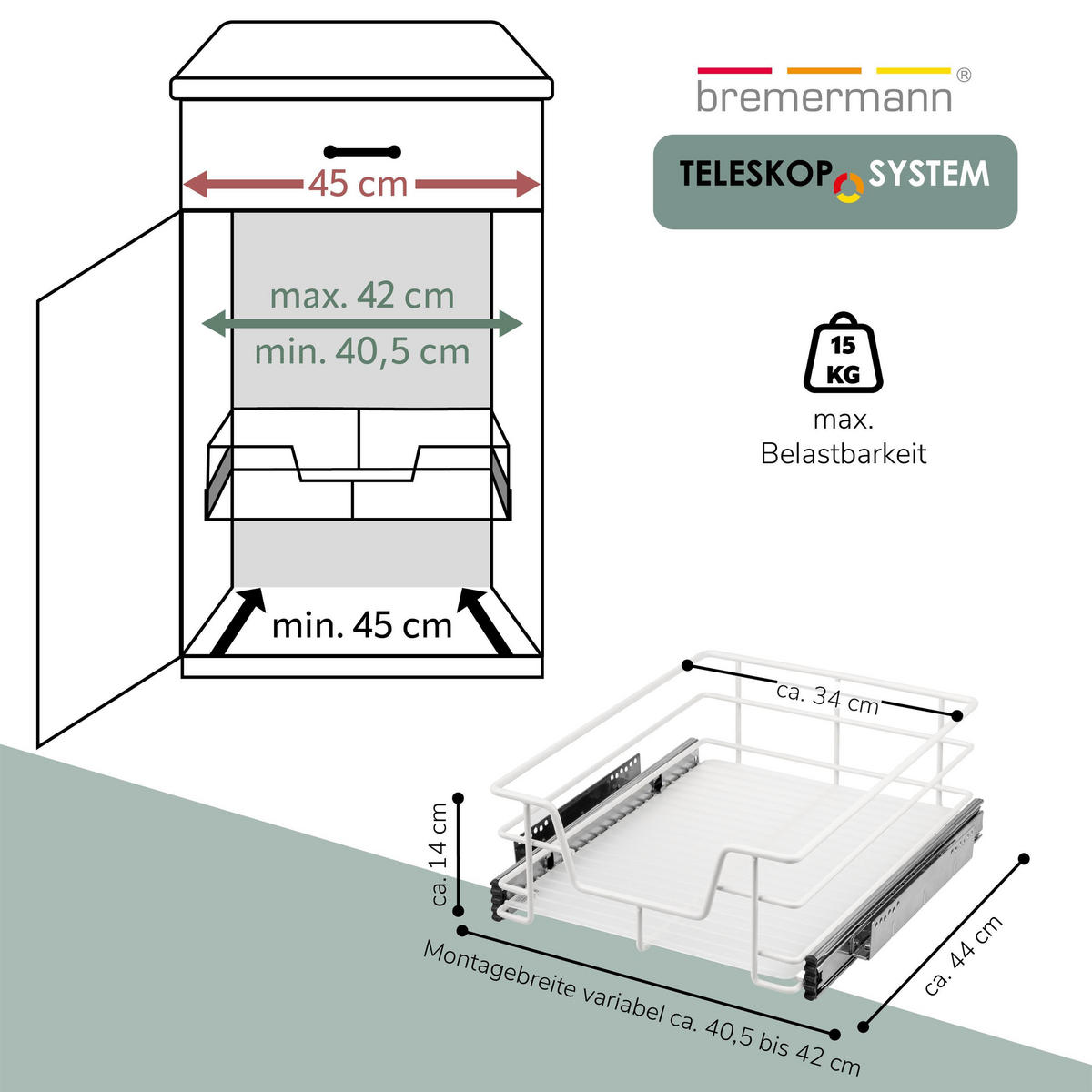 TELESKOPSCHUBLADE 45 cm, weiß, Metall - Weiß, Metall (42/14/44cm) - bremermann