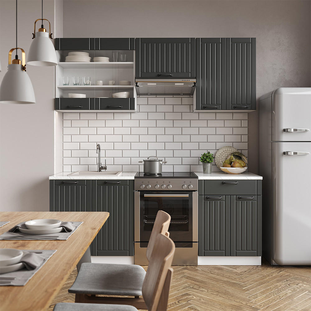 KÜCHENZEILE Fame-Line Anthrazit Landhaus/Weiß 200 cm ohne AP - Dunkelgrau/Weiß, Holzwerkstoff (200/81.6/46cm) - Vicco