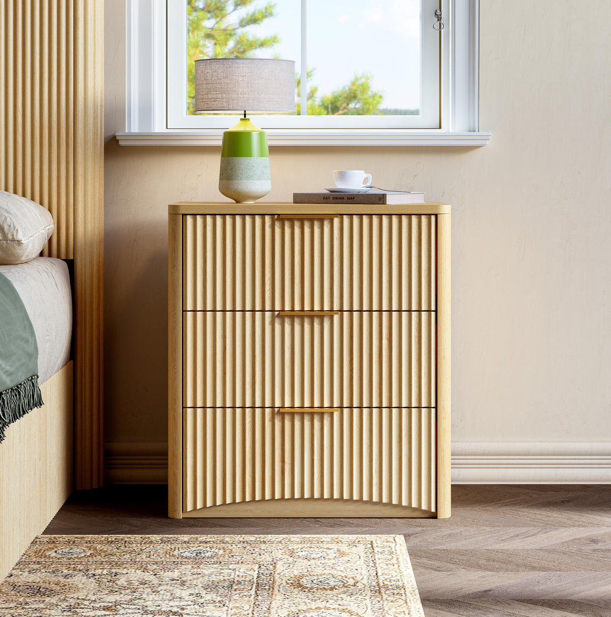 NACHTTISCH aus MDF 38x58x64 cm Eiche mit 3 Schubladen, Rillenfront und gedämpften Metallschienen - Nussbaumfarben, Holzwerkstoff (58/64/38cm) - Modfu