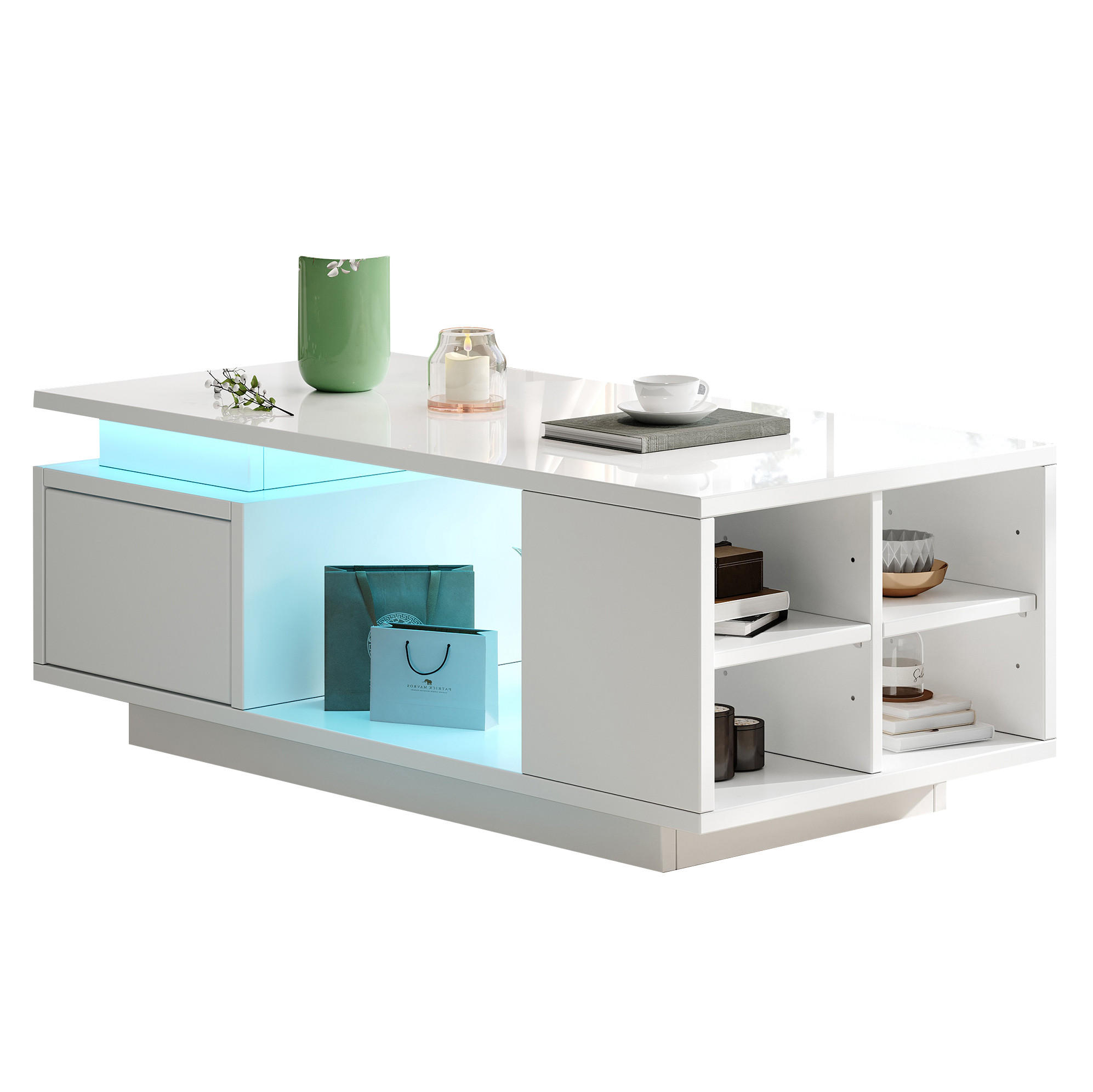 COUCHTISCH 100/50/36 cm weiß aus Spanplatte mit Schublade und LED - Weiß, Holzwerkstoff (100/50/36cm) - OKMYHOME