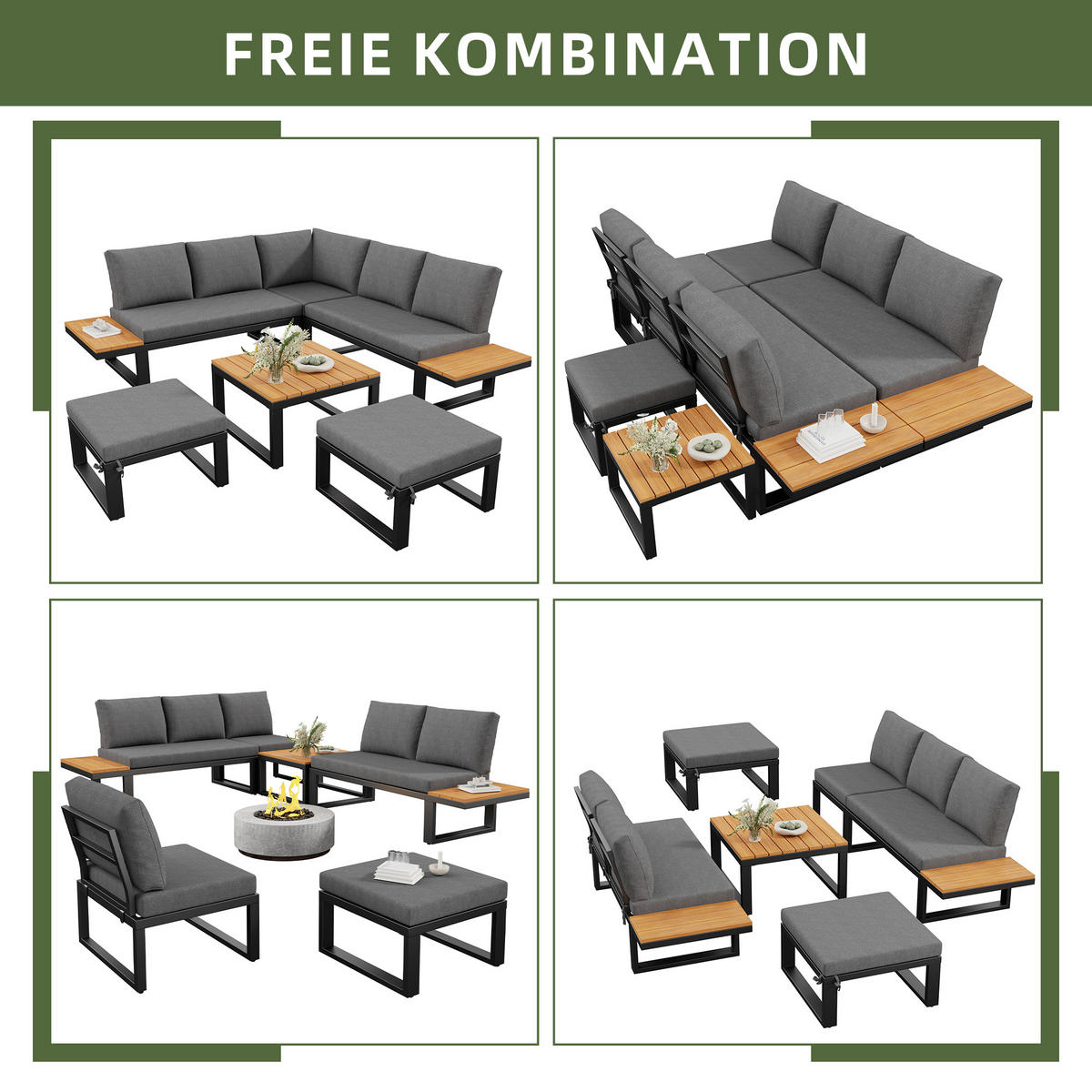 GARTENLOUNGE 6tlg Grau Beige Ecksofa Tisch Hocker verstellbar - Grau, Metall - FLIEKS