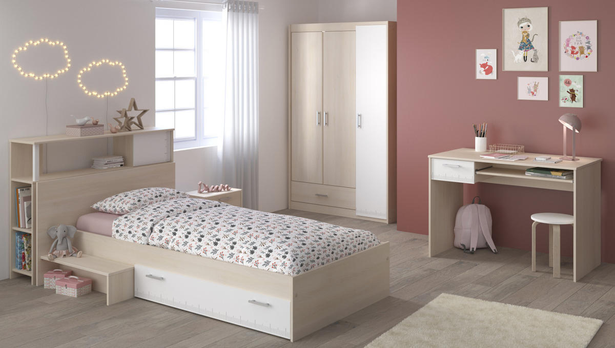 JUGENDZIMMER Set 5-tlg Kleiderschrank Schreibtisch Bett 90x200 - Silberfarben/Weiß, Holz/Holzwerkstoff (160/180/52cm) - Parisot Meuble