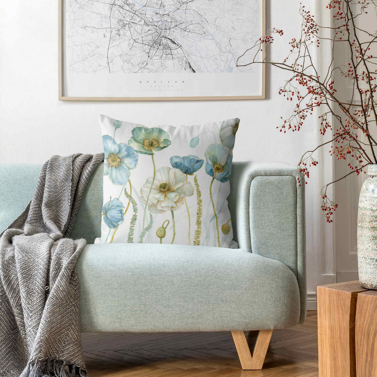 KISSENBEZUG Blüten in Gold und Blau 50/50 cm - Blau, Textil (50/50cm) - Bilderwelten