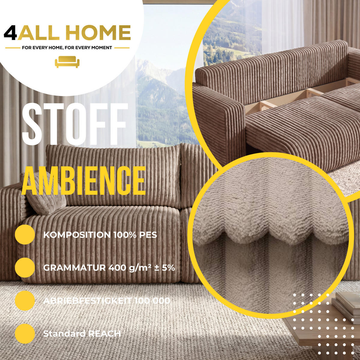 SOFA Kola mit Bettkasten und Schlaffunktion, Cordstoff - Cappuccino, Holzwerkstoff (244/85/95cm) - 4ALL HOME