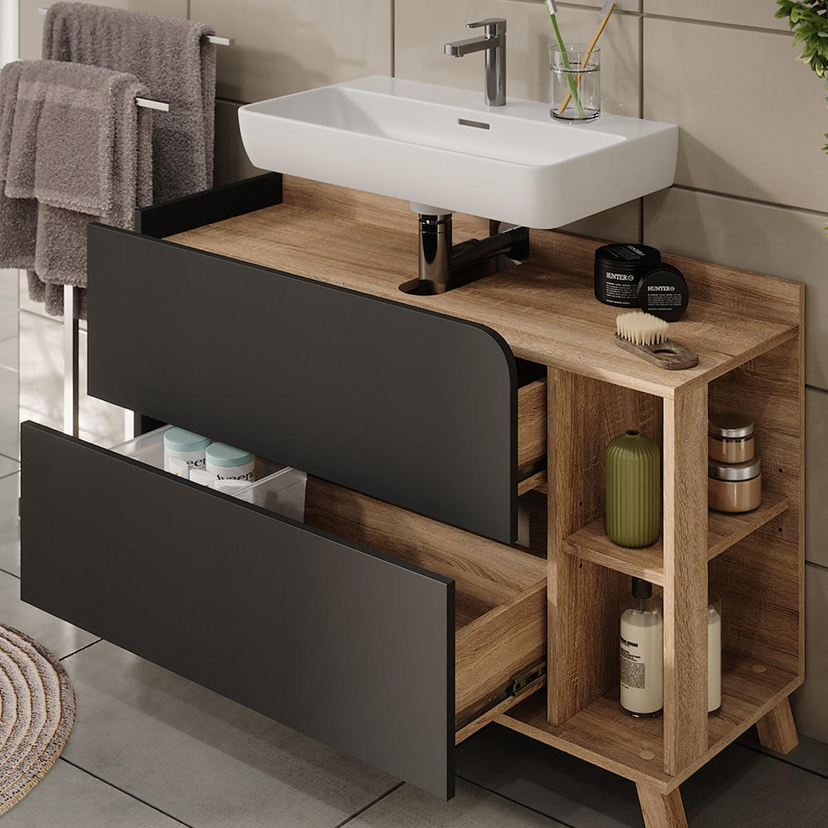 BADMÖBEL-SET Karen Sonoma/Anthrazit 3 Teile - Anthrazit, Holzwerkstoff (100/65/35cm) - Vicco