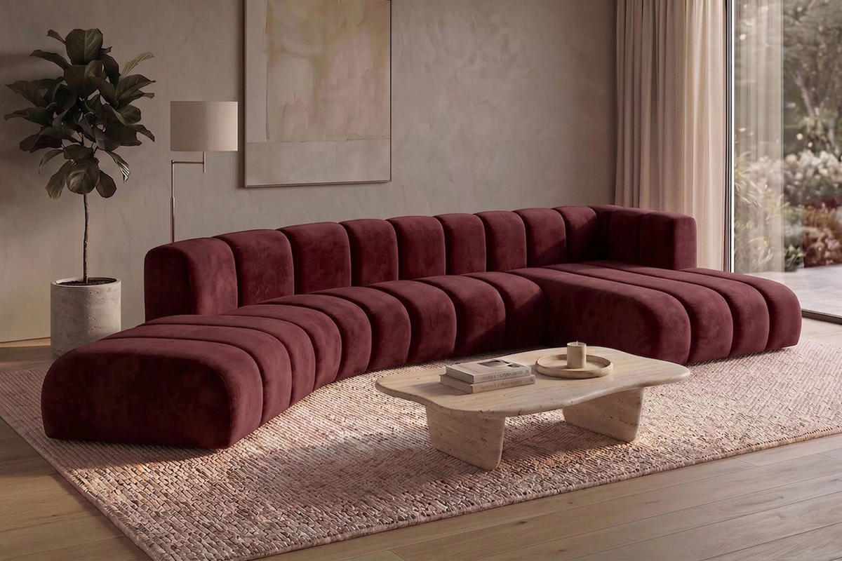 ECKSOFA Modulares In L-Form, Velvet-Stoff Riviera, Rotwein, Rechts, GRAND Round - Dunkelrot, Holz (445/179cm) - Kaiser Möbel