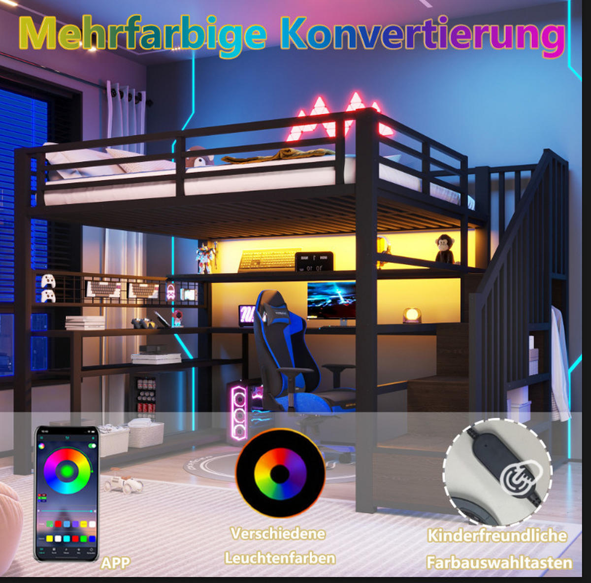 GAMING-HOCHBETT 90x200 cm in Schwarz mit LED, Schreibtisch und Kleiderschrank - Schwarz, Holzwerkstoff (90/200cm) - IVMEU