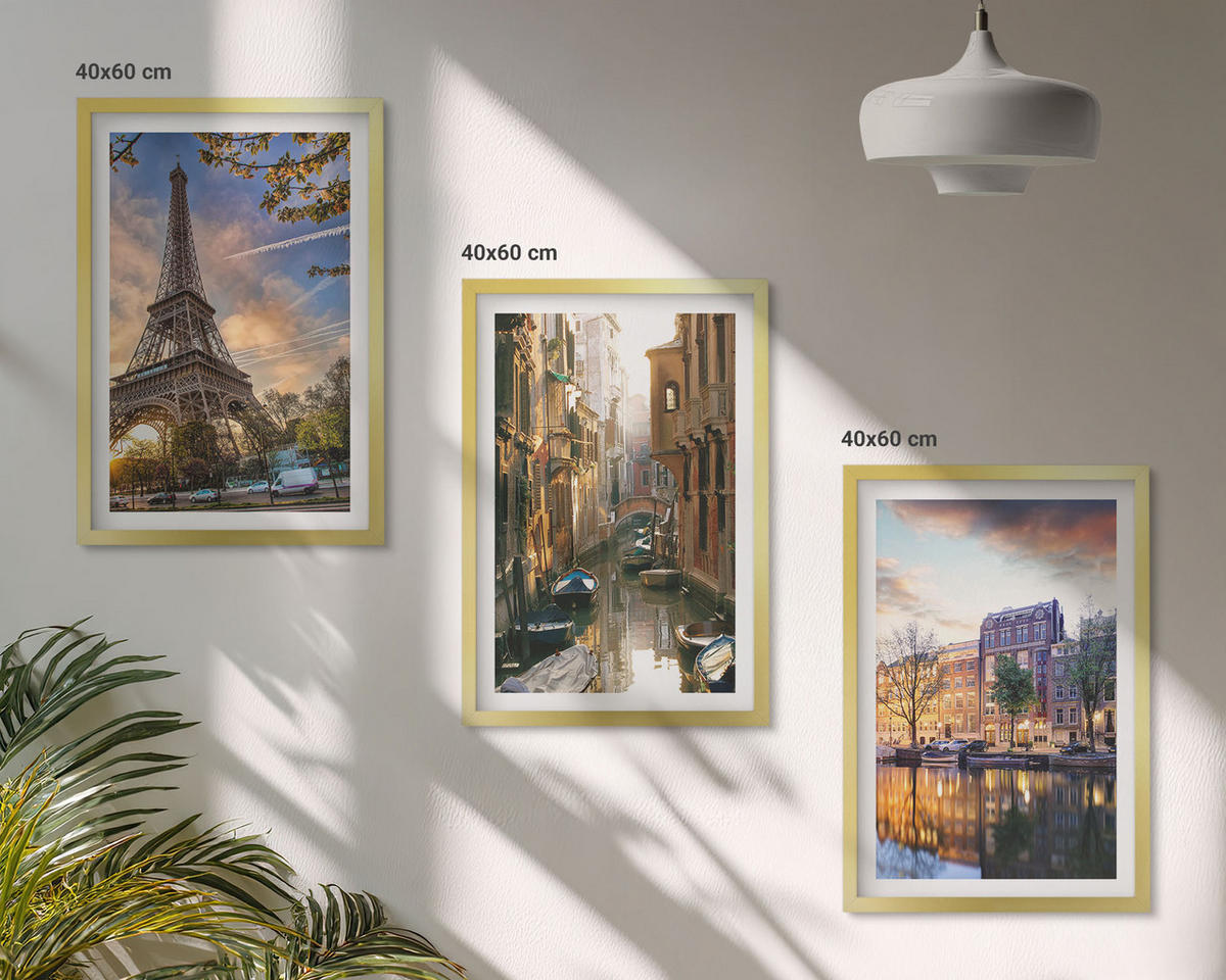 WANDBILDER 3er Set - 40x60 cm Goldrahmen - Eiffelturm Venedig Amsterdamer Kanäle - Goldfarben, Kunststoff (40/60cm) - ArtPrintCave